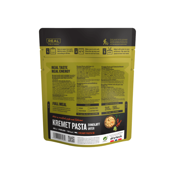 REAL Field Meal Cremet Pasta med Svinek�d og urter / Creamy Pasta with Pork 145 gr. 700 kcal