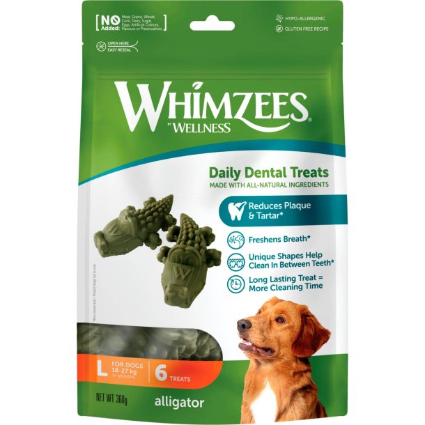 Qimminut Whimzees Tyggeben Alligator Dental Stick L, 6-pak, 360 g