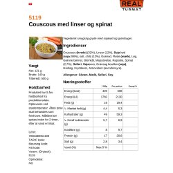 REAL Turmat Couscous med linser og Spinat / Couscous Lintels (Vegansk / Vegan) 121 g. 509 kcal