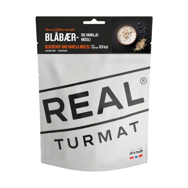 REAL Turmat Morgenmad Blbr- og vanilje-msli / Blueberry and vanilla Muesli 112 g. 424 kcal